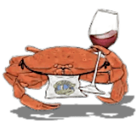 Pleasanton Lions Club Crab Feed 2026 1 Pleasanton Lions Club Crab Feed 2026 Illustration of a crab holding a glass of red wine while sitting on a white napkin.